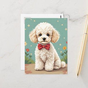 Carte Postale Caniche blanc adorable avec noeud papillon