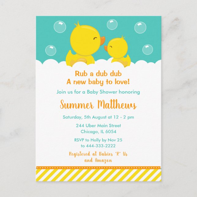Carte Postale Caoutchouc Baby shower jaune et vert (Devant)