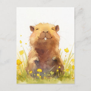 Carte Postale Capybara joyeux dans une prairie de fleurs sauvage