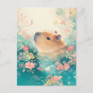 Carte Postale Capybara Nageant dans un Étang de Fleurs Sauvages 