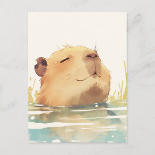 Carte Postale Capybara souriant nageant dans de l'eau bleue calm