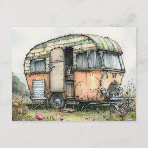 Carte Postale Caravane Campeur Fantaisiste Altéré Style Aquarell