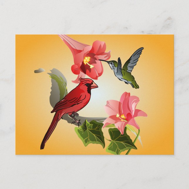 Carte Postale Cardinal et Colibri avec Lys roses et Ivy (Devant)