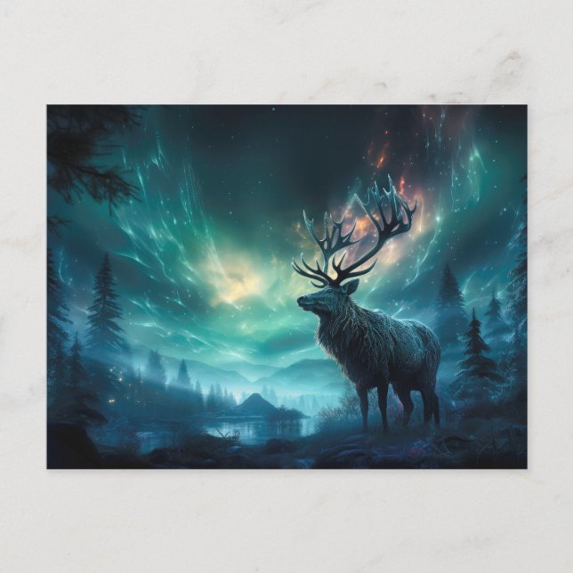 Carte Postale Caribou Sous Les Lumières Du Nord (Devant)