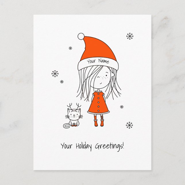 Carte Postale Caricature amusante de Noël Père Noël Girl Cat Cut (Devant)