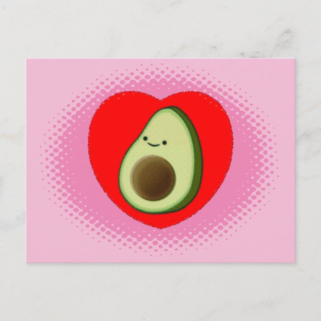 Carte Postale Caricature Avocado Mignonne En Rose De Coeur Rouge (Devant)