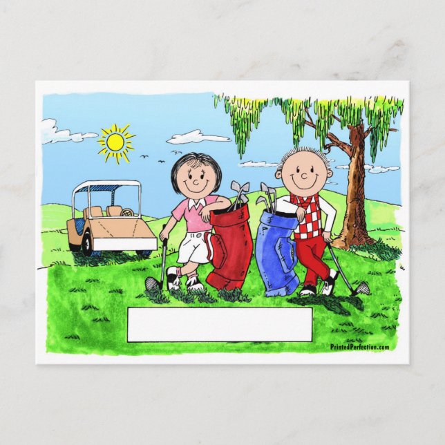 Carte Postale Caricature de couple de golf personnalisée en cart (Devant)