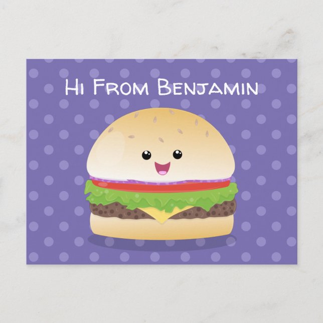 Carte Postale Caricature de hamburger kawaii joyeux (Devant)