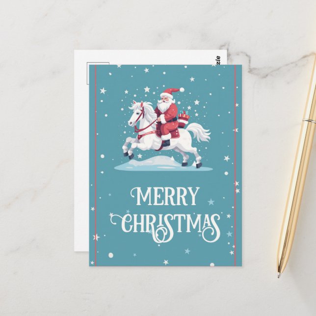 Carte Postale Caricature de Noël du Père Noël et du Cheval (Devant/Arrière en situation)