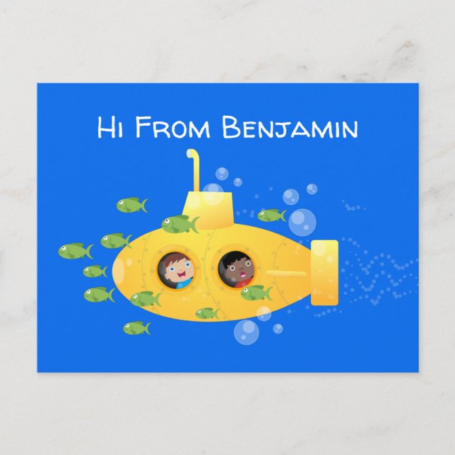 Carte Postale Caricature de poisson sous-marin jaune mignon (Devant)