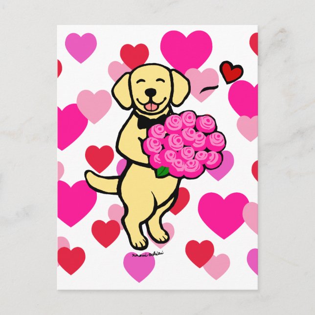 Carte Postale Caricature du Labrador jaune avec Rose (Devant)