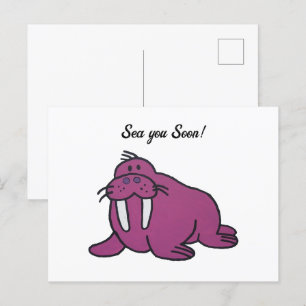 Carte Postale Caricature mignonne de Walrus mauve, nature océani