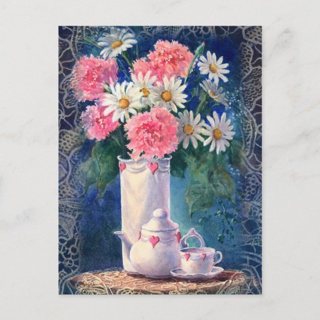 Carte Postale CARNATIONS & VIEUX LACE par SHARON SHARPE (Devant)