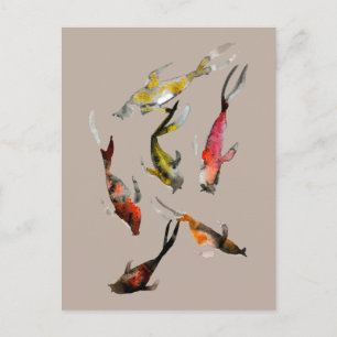Carte Postale Carpe koï aquarelle rouge marron or