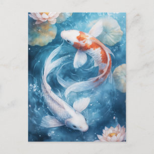Carte Postale Carpes koï blanches et orange tourbillonnant dans 