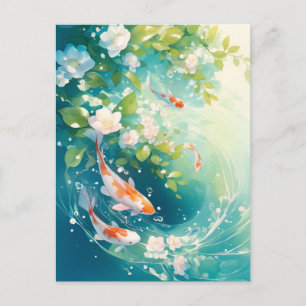 Carte Postale Carpes Koï Nageant dans un Jardin d'Eau Floral Tur