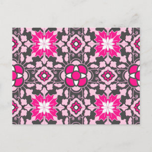 Carte Postale Carrelage Floral marocain, Fuchsia rose & gris / G
