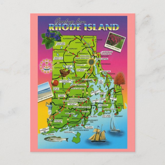 Carte postale Carte de l'État de Rhode Island (Devant)