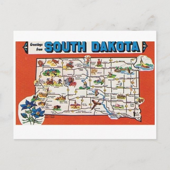 Carte postale Carte de l'État du Dakota du Sud (Devant)