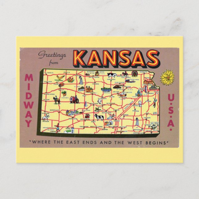 Carte postale Carte de l'État du Kansas (Devant)