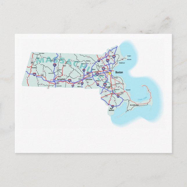 Carte postale Carte Interstate Massachusetts (Devant)