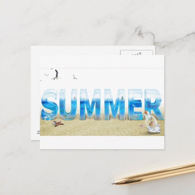 Carte Postale “Carte postale de plage Summer Splash” (A postcard with the word "SUMMER" in large, three-dimensional letters filled with an ocean scene!)