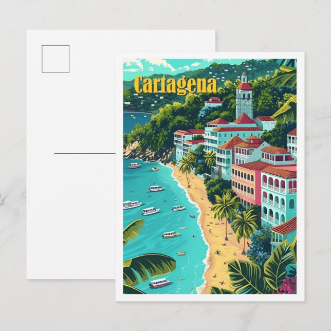 Carte Postale Carthagène Colombie Illustration de voyage d'art V (Devant / Derrière)
