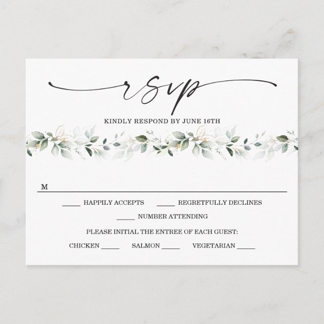 Carte Postale Carton de réponse de mariage à la gouache verte av (Devant)