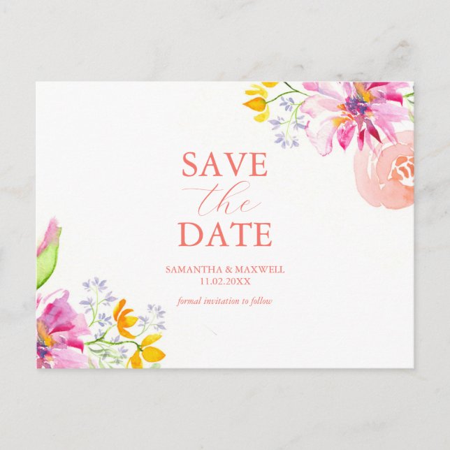 Carte Postale Carton de sauvegarde de date Aquarelle Floral (Devant)