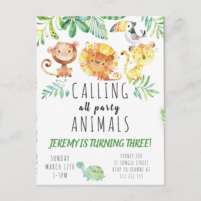 Carte Postale Carton d'invitation à la fête jungle pour enfants (Devant)