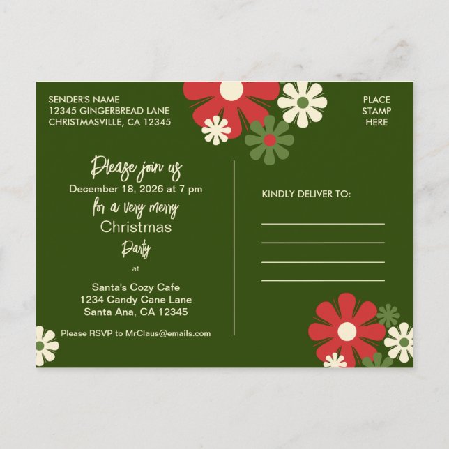 Carte Postale Carton d'invitation à une fête de Noël floral rétr (Dos)