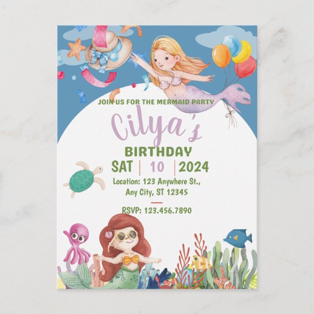 Carte Postale Carton d'invitation d'anniversaire Sirène Mignonne (Devant)