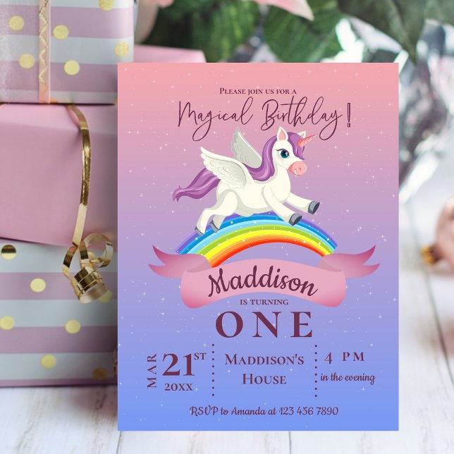 Carte Postale Carton d'invitation d'anniversaire sur le thème de (Pastel Magical Unicorn Themed Birthday Invitation Postcard)