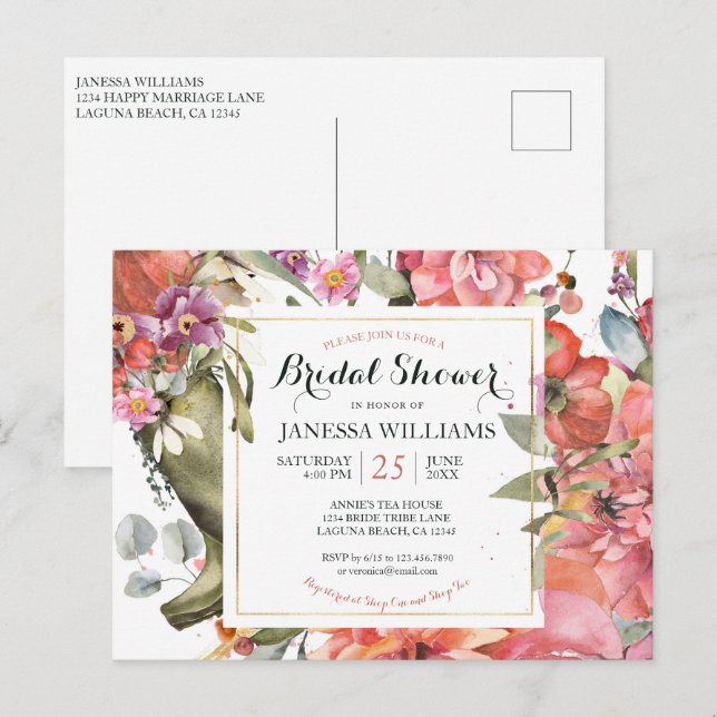 Carte Postale Carton d'invitation de fiançailles floral pour le  (Devant / Derrière)