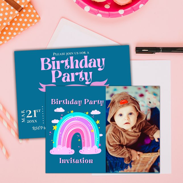 Carte Postale Carton d'invitation pour l'anniversaire des enfant (Unicorn Rainbow Photo Birthday Party Invitation Postcard)