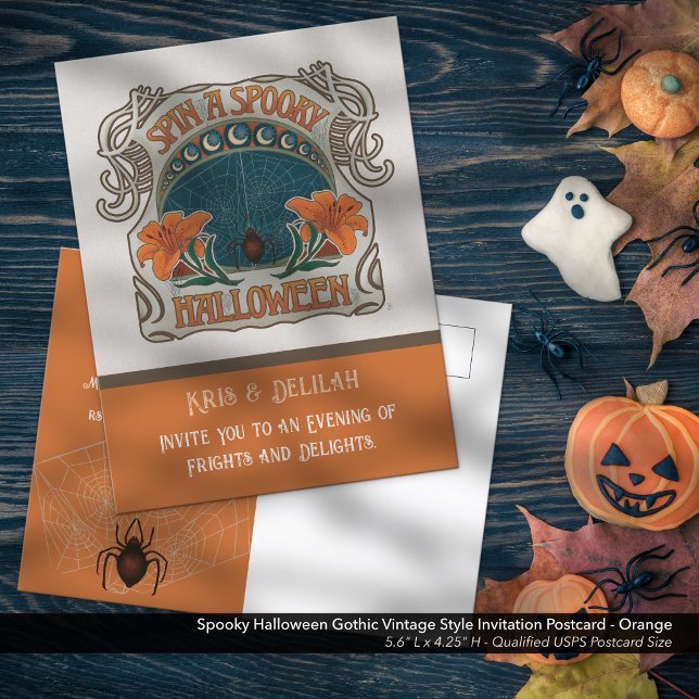 Carte Postale Carton d'invitation pour une soirée d'Halloween ef (Spooky Halloween Gothic Vintage Style Invitation Postcard - Shown in Orange, Front)
