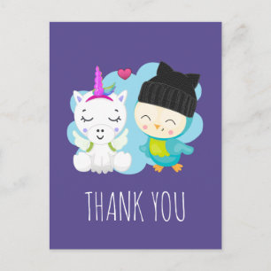 Carte Postale Carton mignon Unicorne et Merci d'oiseaux
