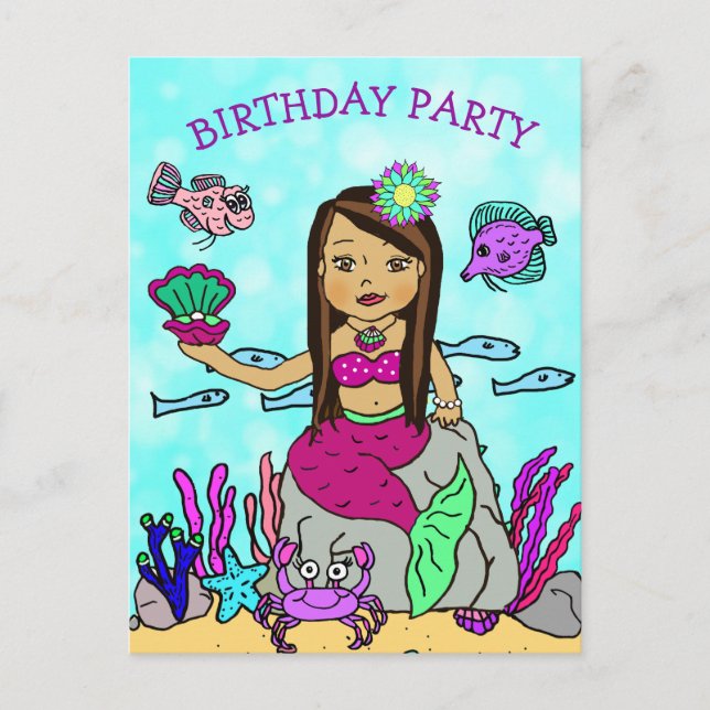 Carte Postale Cartons d'invitation d'anniversaire de sirène joli (Devant)