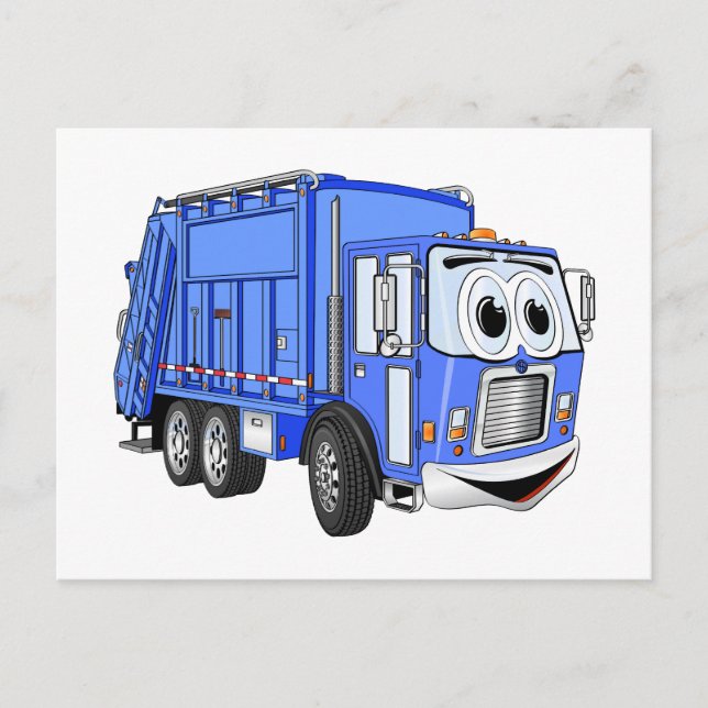 Carte Postale Cartoon bleu, caricature de camion à ordures (Devant)