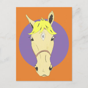 Carte Postale Cartoon cheval visage sur violet et orange arrière