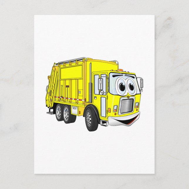Carte Postale Cartoon de camion-poubelle jaune souriant (Devant)