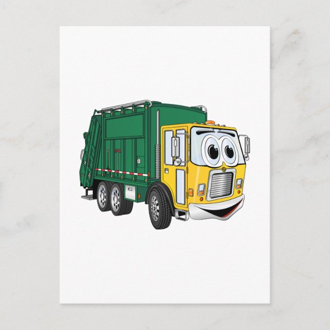Carte Postale Cartoon de camion-poubelle vert souriant en or (Devant)