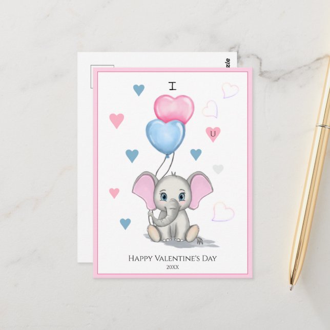 Carte Postale Cartoon Eléphant mignon | Personnalisé Valentine's (Devant/Arrière en situation)