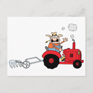 Carte Postale Cartoon Farmer Conduit Un Tracteur Rouge
