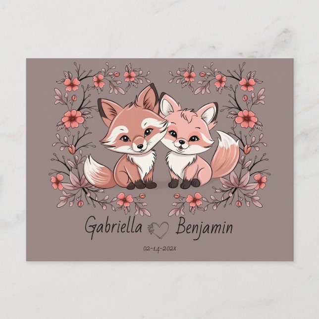 Carte Postale Cartoon mignon Fox amoureux Coeur Saint-Valentin (Devant)