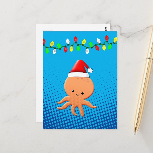 Carte Postale Cartoon mignon Octopus Santa Hat lumières de Noël (Devant/Arrière en situation)