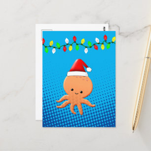 Carte Postale Cartoon mignon Octopus Santa Hat lumières de Noël