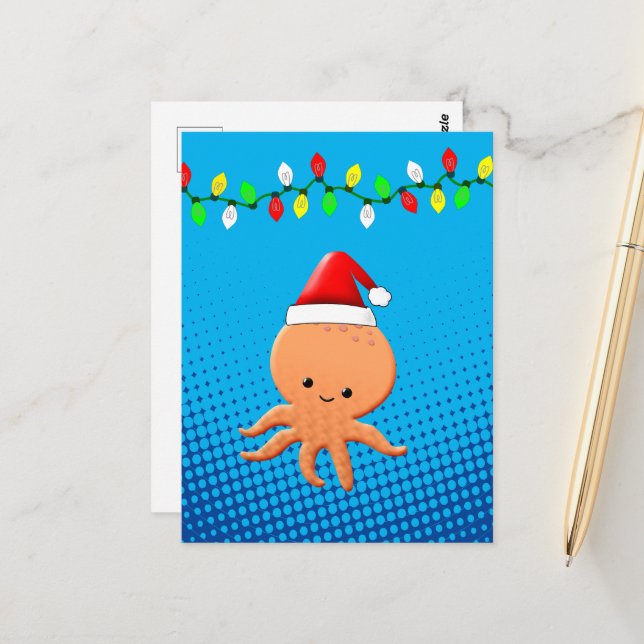 Carte Postale Cartoon mignon Octopus Santa Hat lumières de Noël (Devant/Arrière en situation)