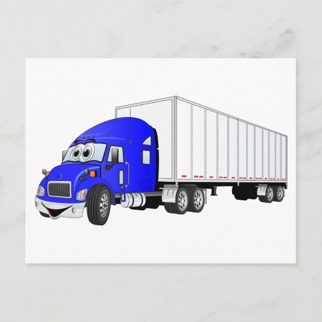 Carte Postale Cartoon semi-camion bleu blanc remorque (Devant)
