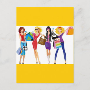 CARTE POSTALE CARTOON SHOPPPING FILLES VECTEURS STYLE MODE S'AMU